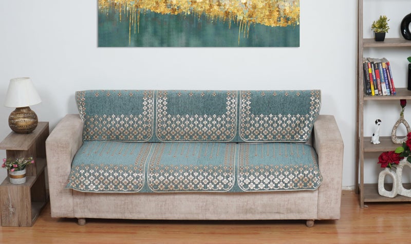 MORADO Chenille 7 Seater Sofa Covers Slipcover for Living Room, Drawing Room and Offce Star Pattern - Seagreen - Image 2