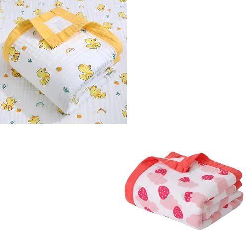 JUST Goods Baby Blanket | Ultra-Soft & Warm | 100% Cotton | Lightweight & Breathable | Multi-Purpose Use | Machine Washable | Combo Pack of 2 (Duck + Strawberry Blanket) - Image 1