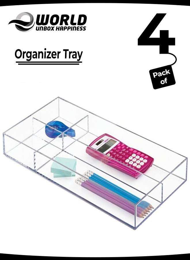 Eworld 4-Pack Plastic Stackable Storage Drawer Organizer Tray Set Features 4 Varied Size Compartments for Note Pads, Pens, Tape, Staples, Scissors and More. - Image 1