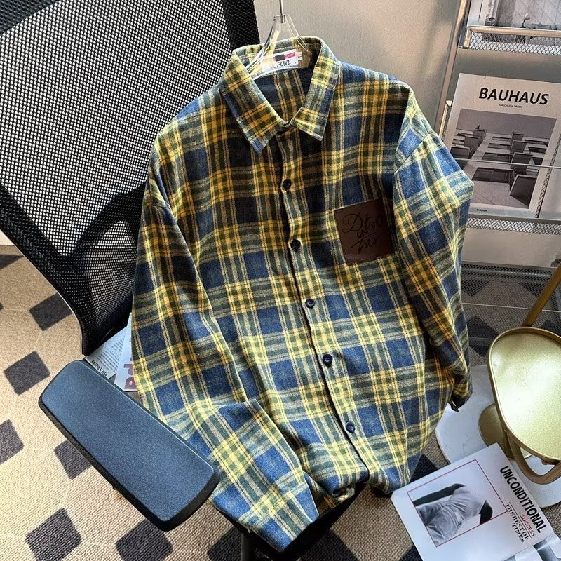 Plaid shirt mens spring 2023 New loose couple casual long-sleeved shirt American high street fashion brand coat Yellow