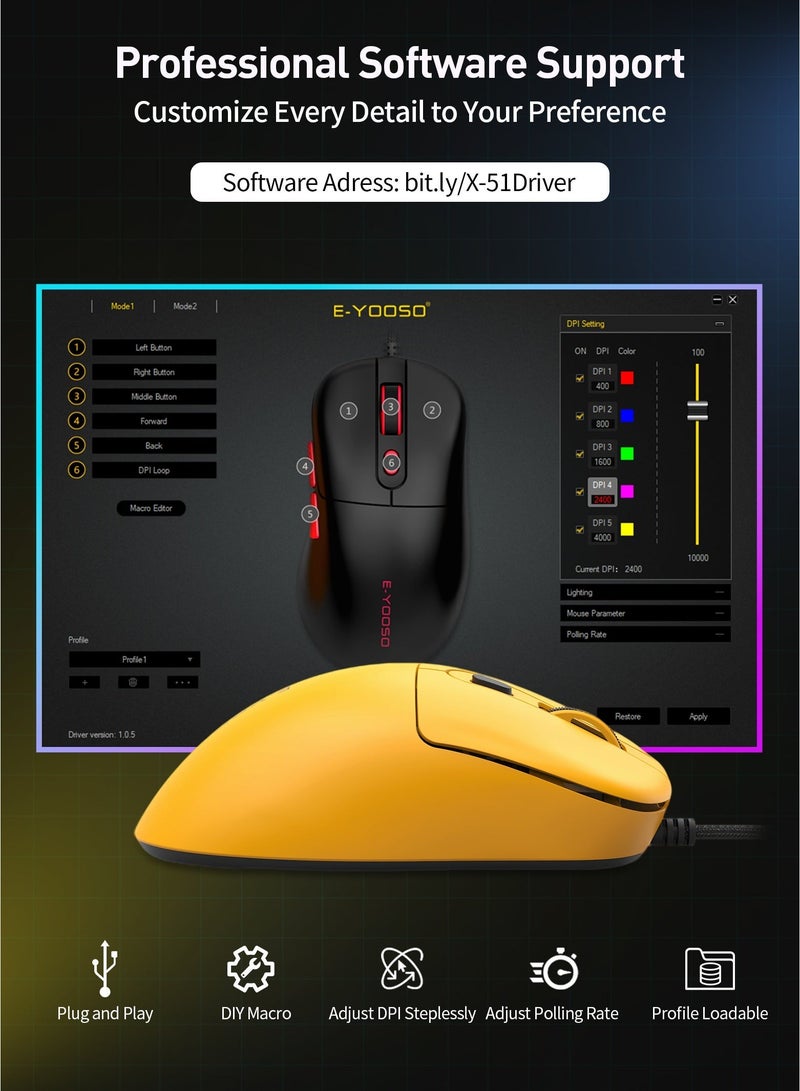 E-YOOSO X-51 Wired Gaming Mouse – Ergonomic Design, 400-4000 DPI Adjustable, 20 Million Click Lifespan, Macro Editing, 6 Programmable Buttons, Ergonomic Design for PC/Mac and Laptop-Yellow - Image 4