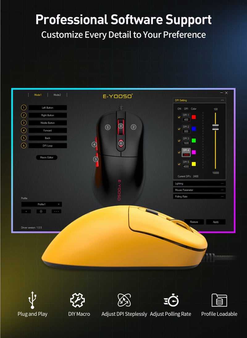 E-YOOSO X-51 Wired Gaming Mouse - Ultra Lightweight 6 Programmable Buttons, Adjustable 400-4000 DPI, Ergonomic Design for PC, Mac, Laptop - Yellow - Image 4