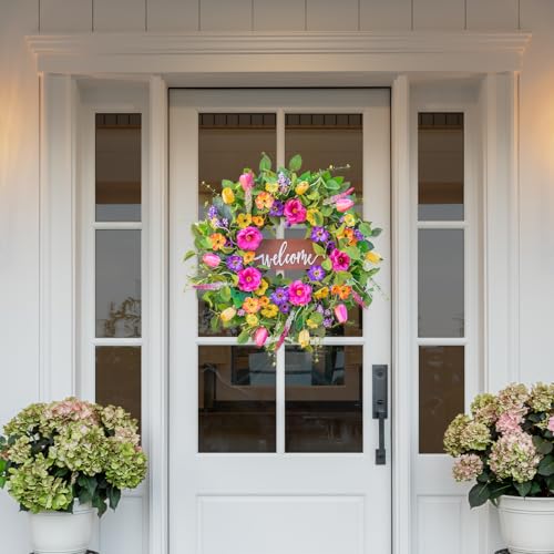 Pinkpuii Spring Wreaths for Front Door Outside – 24 Inch Artificial Tulip & Wildflower Summer Wreath with Green Eucalyptus Leaves and Welcome Sign- Indoor Outdoor Farmhouse Home Porch Wall Decor - Image 5