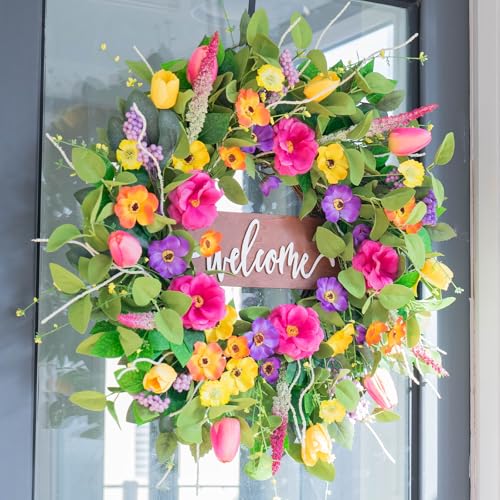 Pinkpuii Spring Wreaths for Front Door Outside – 24 Inch Artificial Tulip & Wildflower Summer Wreath with Green Eucalyptus Leaves and Welcome Sign- Indoor Outdoor Farmhouse Home Porch Wall Decor - Image 2