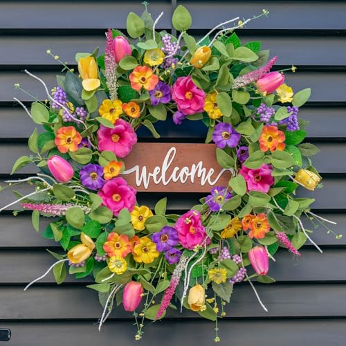 Pinkpuii Spring Wreaths for Front Door Outside – 24 Inch Artificial Tulip & Wildflower Summer Wreath with Green Eucalyptus Leaves and Welcome Sign- Indoor Outdoor Farmhouse Home Porch Wall Decor - Image 1