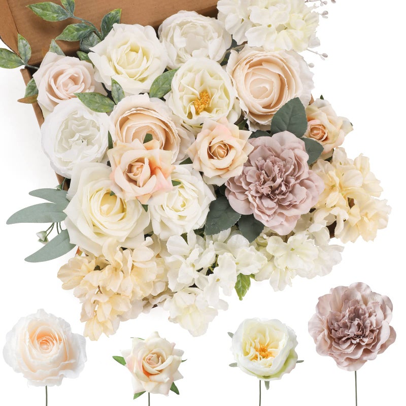 Floweroyal Artificial Flowers Combo White Flowers Mix Silk Flowers Dahlia Roses with Stems for DIY Wedding Bridal Bouquets, Baby Shower, Floral Arrangement, Table Centerpieces, Home Decorations. - Image 1