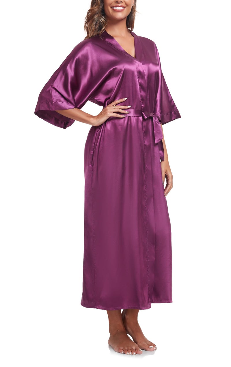 sunshinemall Women's Bridal Party Long Satin Bathrobe Kimono Nightgown Wedding Day Long Dress Gown - Image 3