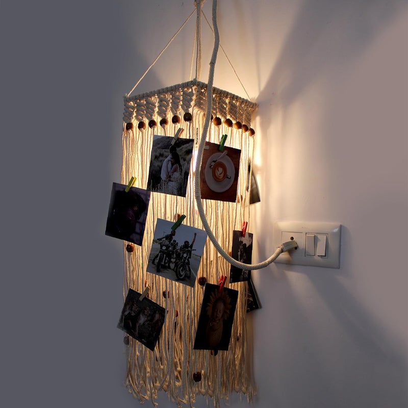 Decorcreed Square Hanging with Beads and Light Design Hanging Photo Display Picture Organizer with Wooden Clips Set of 1 - Image 2