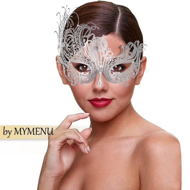 MYMENU Masquerade Mask for Women Shiny Rhinestone Metal Mask Venetian Mask for Party Prom Ball (Phoenix Silver) - Image 2