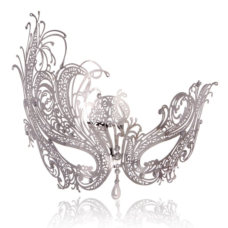 MYMENU Masquerade Mask for Women Shiny Rhinestone Metal Mask Venetian Mask for Party Prom Ball (Phoenix Silver) - Image 1