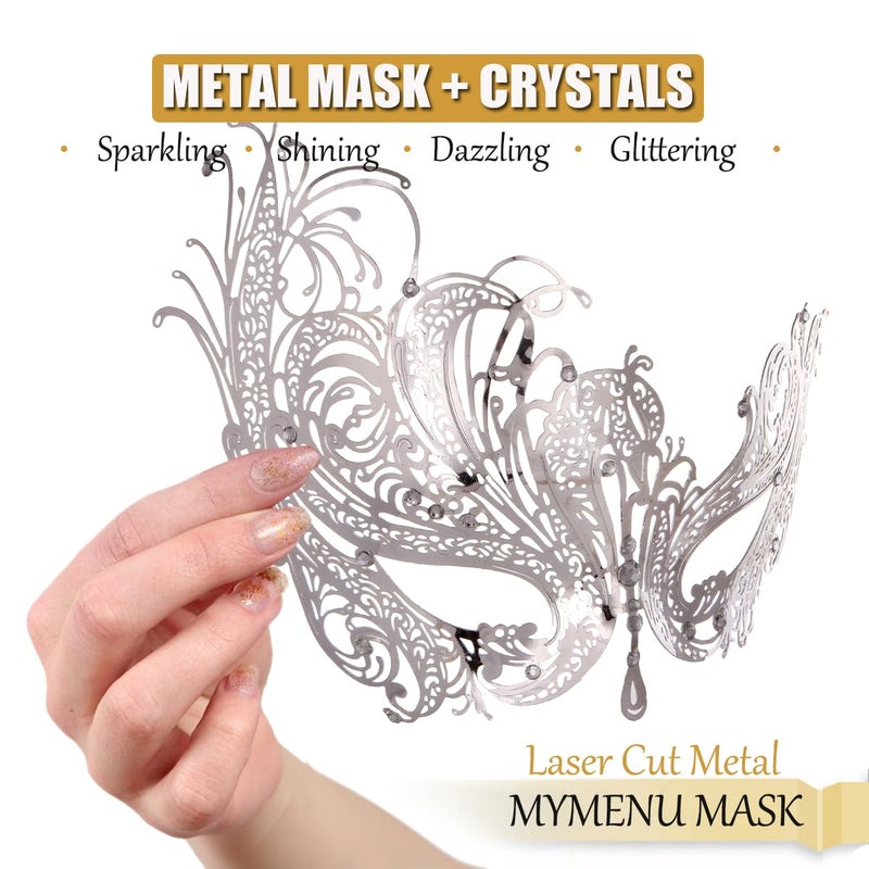 MYMENU Masquerade Mask for Women Shiny Rhinestone Metal Mask Venetian Mask for Party Prom Ball (Phoenix Silver) - Image 3