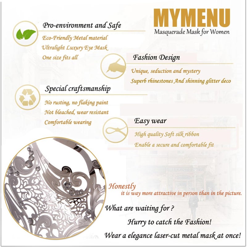 MYMENU Masquerade Mask for Women Shiny Rhinestone Metal Mask Venetian Mask for Party Prom Ball (Phoenix Silver) - Image 4
