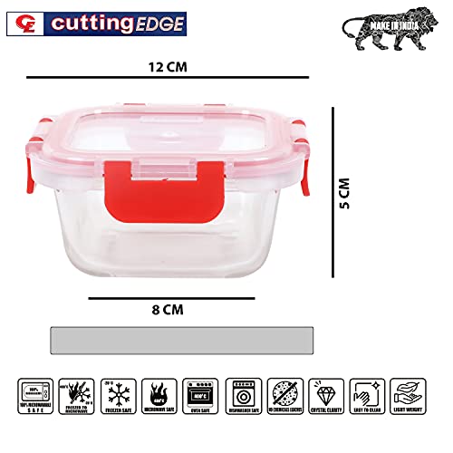 Cutting EDGE Borosilicate Glass Container with Lid Square Glass Container Microwave Safe for Kitchen (Red, 320ml, Set of 1) - Image 4