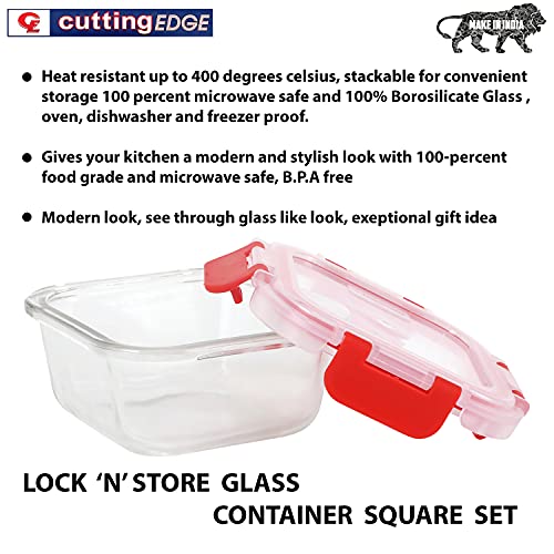 Cutting EDGE Borosilicate Glass Container with Lid Square Glass Container Microwave Safe for Kitchen (Red, 320ml, Set of 1) - Image 3