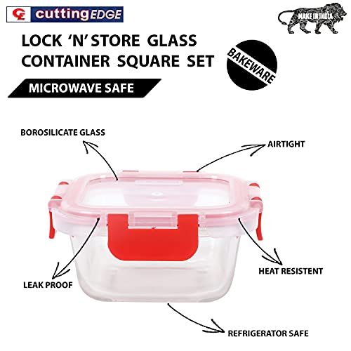 Cutting EDGE Borosilicate Glass Container with Lid Square Glass Container Microwave Safe for Kitchen (Red, 320ml, Set of 1) - Image 2