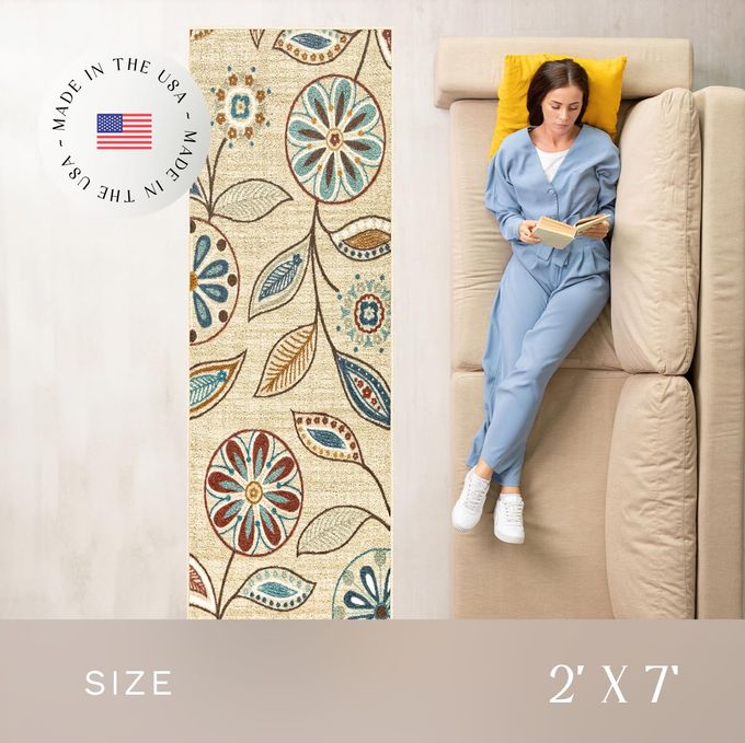 Maples Rugs Reggie Floral Runner Rug Made in USA Washable, Non Slip Indoor Carpet for Kitchen, Hallway, and Laundry Room, 2' x 7', Beige - Image 3