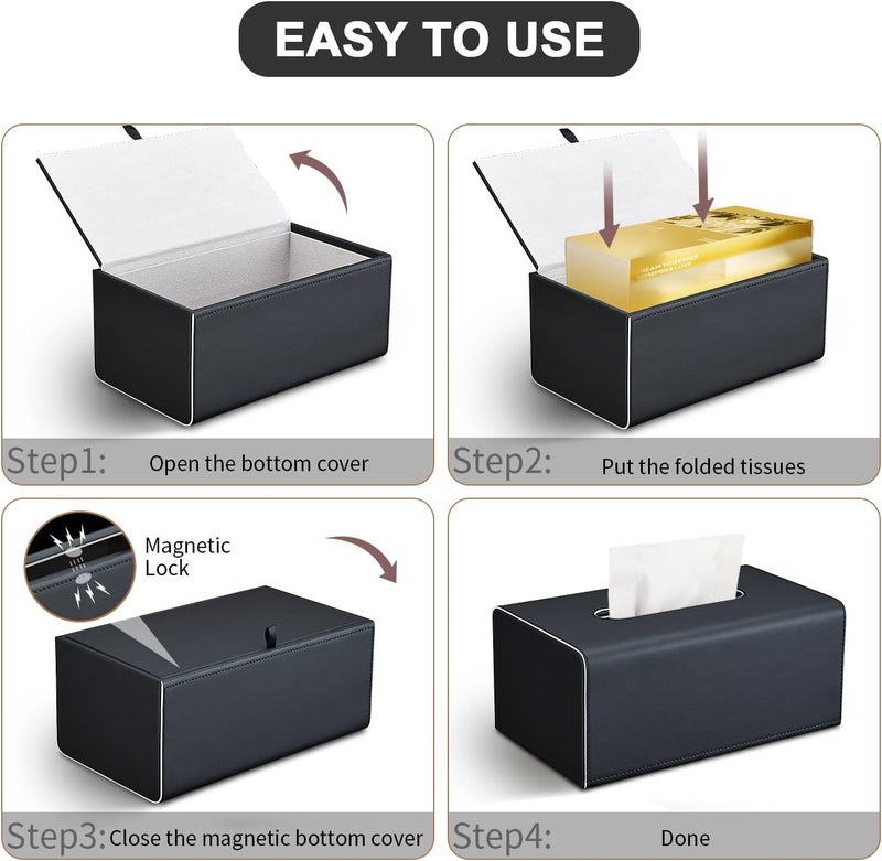 KINGFOM Tissue Box Cover, PU Leather Rectangular Tissue Box Holder with Magnetic Bottom Cover for Facial Tissues/Napkins, Office & Living Room Decor Box (Black) - Image 5