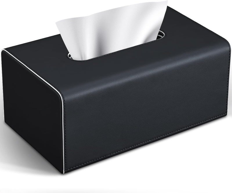 KINGFOM Tissue Box Cover, PU Leather Rectangular Tissue Box Holder with Magnetic Bottom Cover for Facial Tissues/Napkins, Office & Living Room Decor Box (Black) - Image 1
