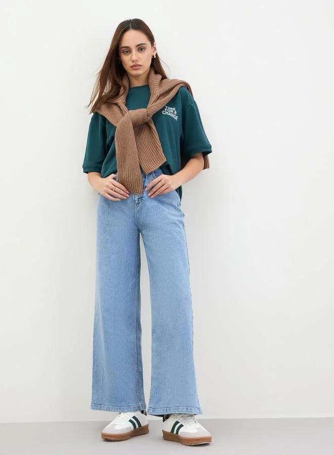 Styli Dark Green Oversized Slogan Print T-Shirt