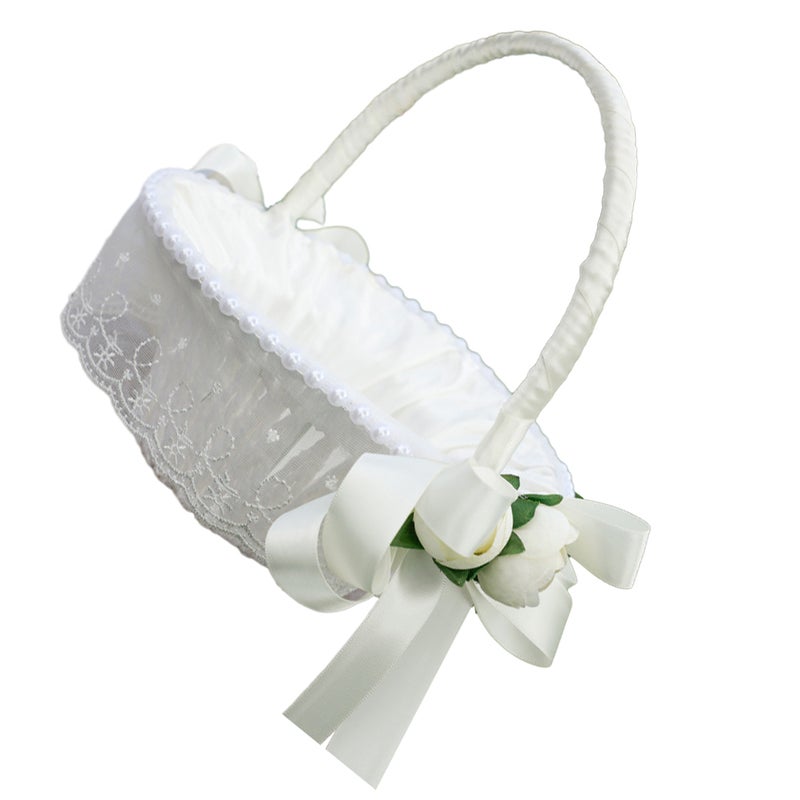Rose Petals Basket Romantic Ribbon Flower Girl Basket for Wedding Ceremony - Image 1