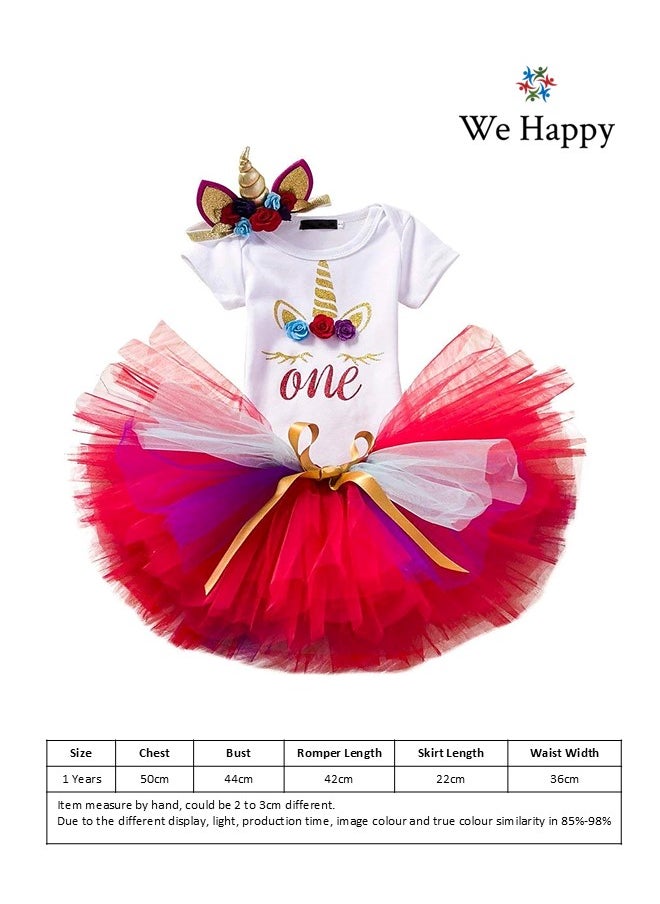 We Happy 4 Pieces 1st Birthday Baby Girl Costume Set Newborn Princess Dress for Theme Party Photoshoot Unicorn Bodysuit with Tutu Skirt, Cake Topper and Floral Headband  - Image 3