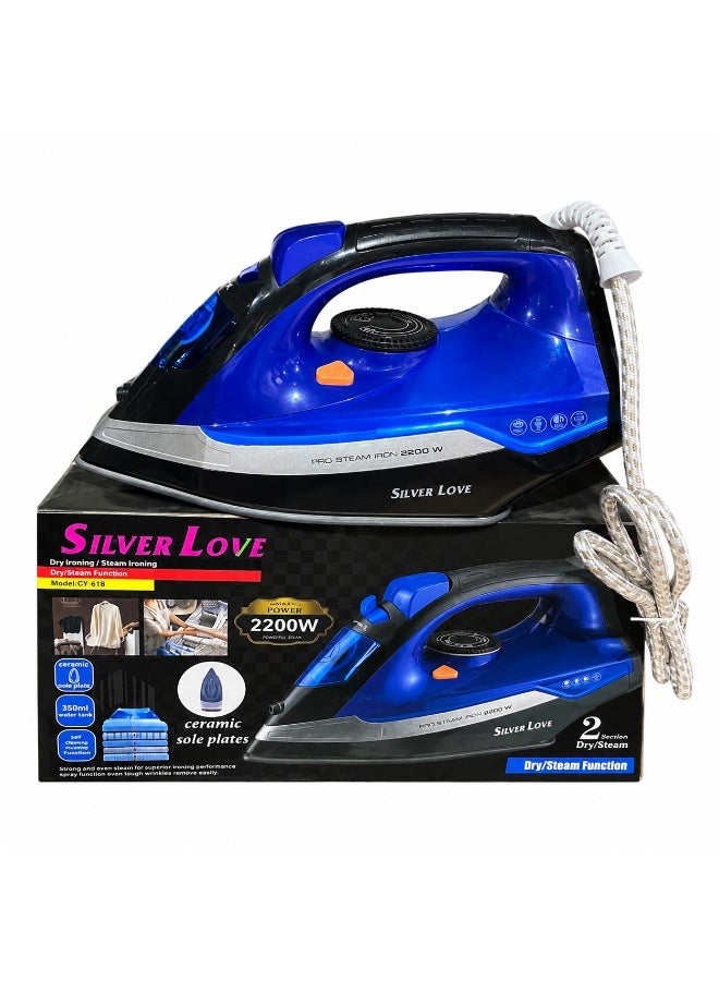Silver Love 2200W Steam Iron, Ceramic Soleplate, Dry & Steam Function, 350ml Water Tank, Blue, CY-618 - Image 2