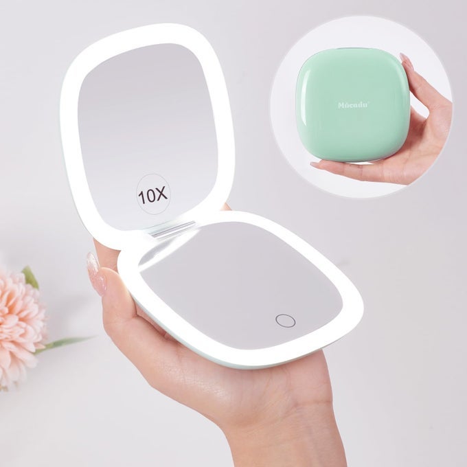 COMPACT LED TRAVEL MAKEUP MIRROR 4 INCHES 1X10X MAGNIFICATION TRAVEL MIRROR WITH LIGHT DIMMABLE DOUBLE SIDES LIGHTED USB RECHARGEABLE COMPACT MIRROR FOR PURSEPOCKETTRAVELPOWDERY GREEN