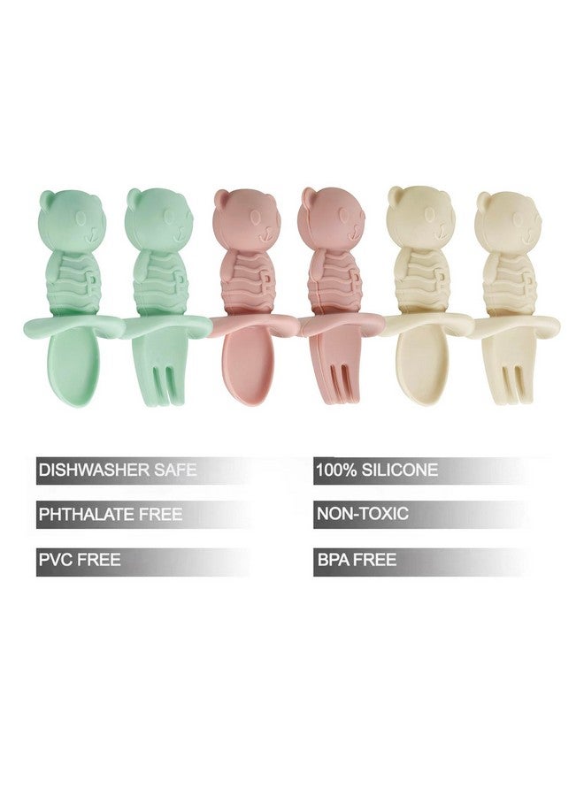 PandaEar 6 Pack Baby Led Weaning Spoons Forks 6+ Months | Silicone Baby Spoons and Fork Self Feeding Utensils, Toddler Infant Anti-Choke Feeding Utensils, Bear Shape (Pink Green Linen) - Image 1