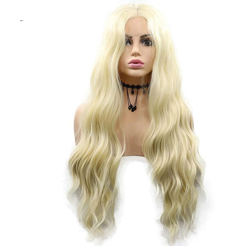 Long Blonde Water Wave Lace Front Wigs for Women Middle Part 26 Inch 613 Blonde Wigs Glueless Natural Looking Long Curly Wig Synthetic Heat Resistant Fiber Wig