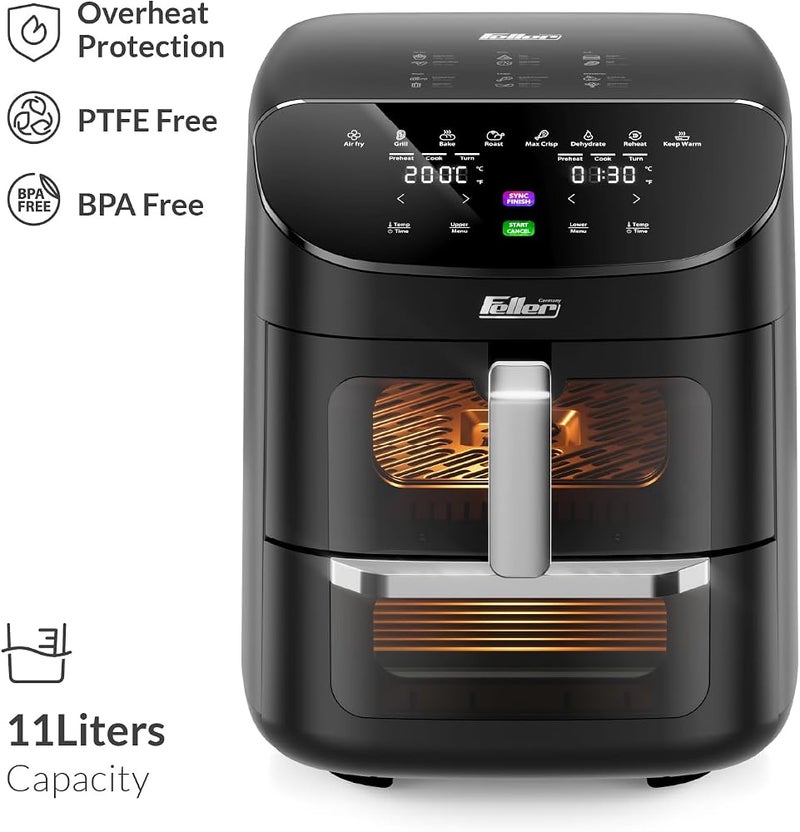 Feller Germany 1850W Air Fryer, 11L XL Capacity, 4x Ceramic Coating, Dual Zone + Sync Finish, 8 Presets, Pizza Stone, 360° Rapid Air Tech, Dehydrate, Touch Panel, 2Y Guarantee AFR1100 UAE (Black) - Image 2