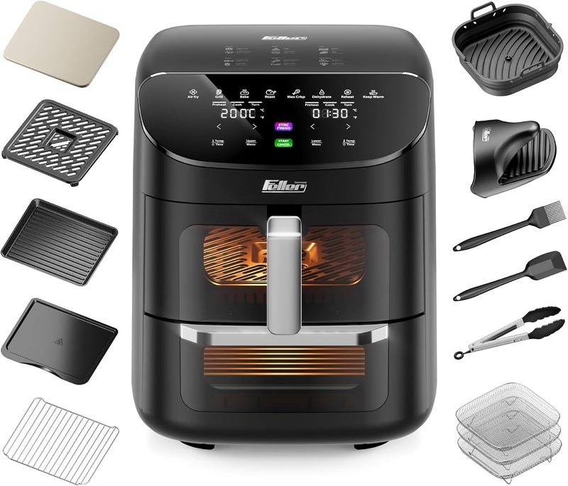 Feller Germany 1850W Air Fryer, 11L XL Capacity, 4x Ceramic Coating, Dual Zone + Sync Finish, 8 Presets, Pizza Stone, 360° Rapid Air Tech, Dehydrate, Touch Panel, 2Y Guarantee AFR1100 UAE (Black) - Image 1
