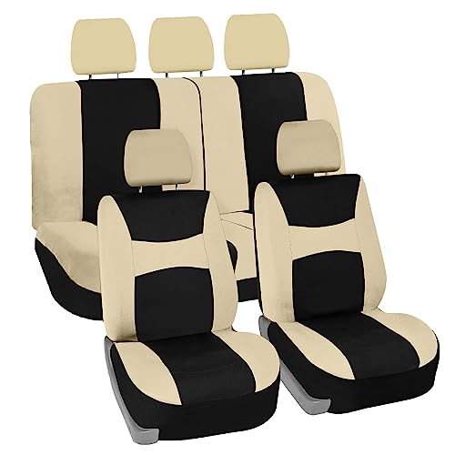 FH Group Car Seat Covers Full Set Cloth  Universal Fit Automotive Seat Covers Low Back Front Seat Covers Airbag Compatible Split Bench Rear Seat Car Seat Cover for SUV Sedan Van Beige