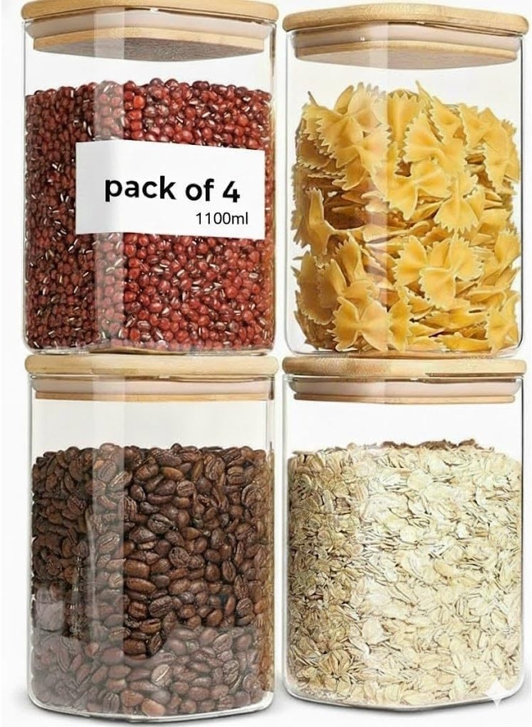 Airtight Glass Storage Canister Set of 4 with Wood Lid (37oz), Clear Food Storage Container Jar with Sealing Bamboo Lid for Noodles Flour Cereal Rice Sugar Tea Coffee Beans, Square - Image 1