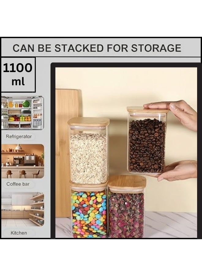 Airtight Glass Storage Canister Set of 4 with Wood Lid (37oz), Clear Food Storage Container Jar with Sealing Bamboo Lid for Noodles Flour Cereal Rice Sugar Tea Coffee Beans, Square - Image 2