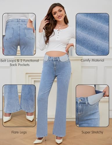 PACBREEZE جينز مامي من PACBREEZE للنساء بتصميم فلويد متوسط الارتفاع، جينز دنيم مرن للحمل، مقاسات S-XXL (أزرق فاتح، متوسط)  - Image 4