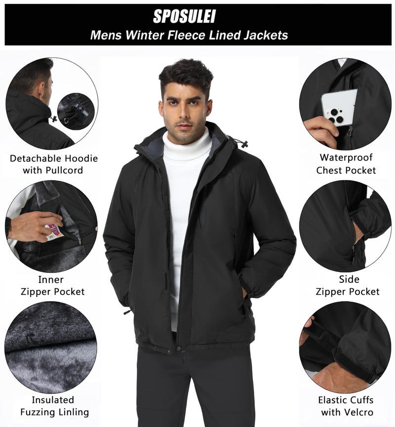 SPOSULEI Winter Jackets Coats for Men Waterproof Fleece Liner Softshell Jacket Ski Hiking Snow Jackets Parka Coat with Hooded Black 3XL - Image 5