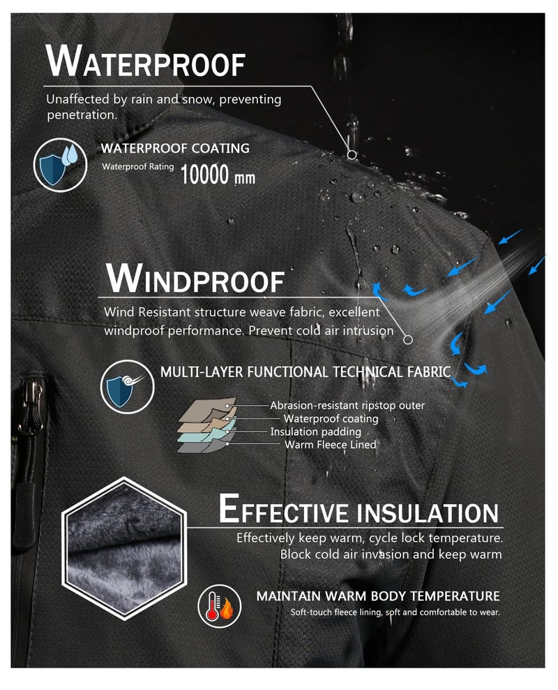 SPOSULEI Winter Jackets Coats for Men Waterproof Fleece Liner Softshell Jacket Ski Hiking Snow Jackets Parka Coat with Hooded Black 3XL - Image 2