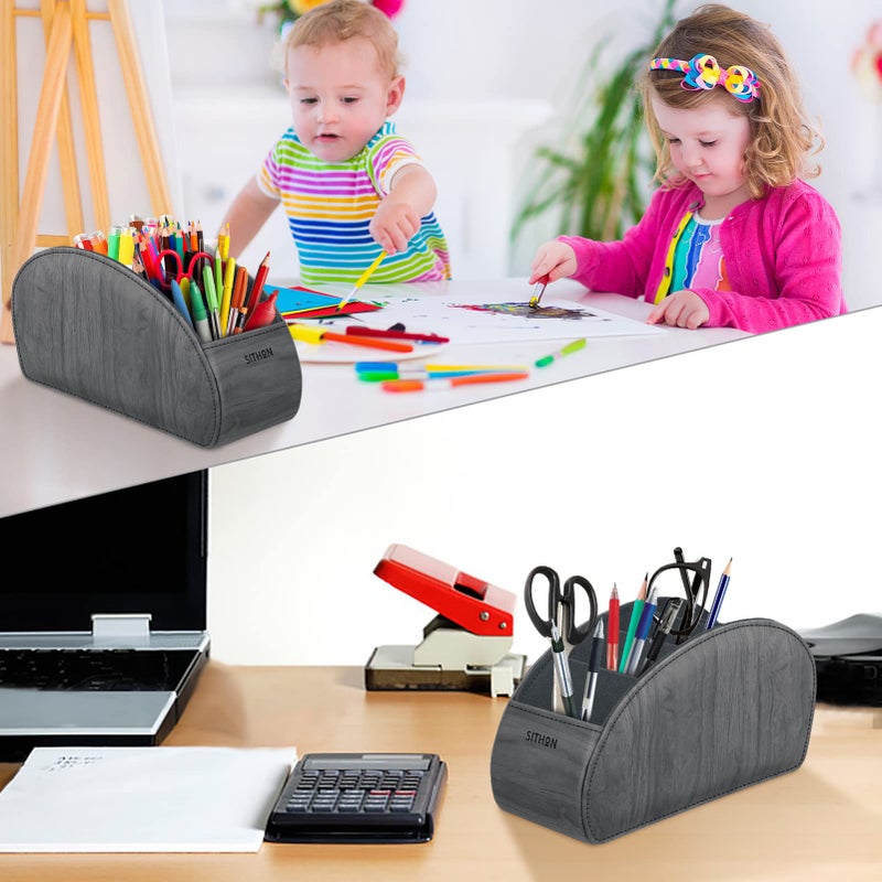 SITHON Remote Control Holder with 5 Compartments - PU Leather Remote Caddy Desktop Organizer Store TV, DVD, Blu-Ray, Media Player, Heater Controllers, Woodgrain Gray - Image 4