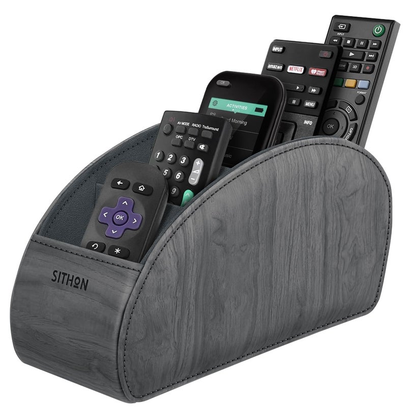 SITHON Remote Control Holder with 5 Compartments - PU Leather Remote Caddy Desktop Organizer Store TV, DVD, Blu-Ray, Media Player, Heater Controllers, Woodgrain Gray - Image 1