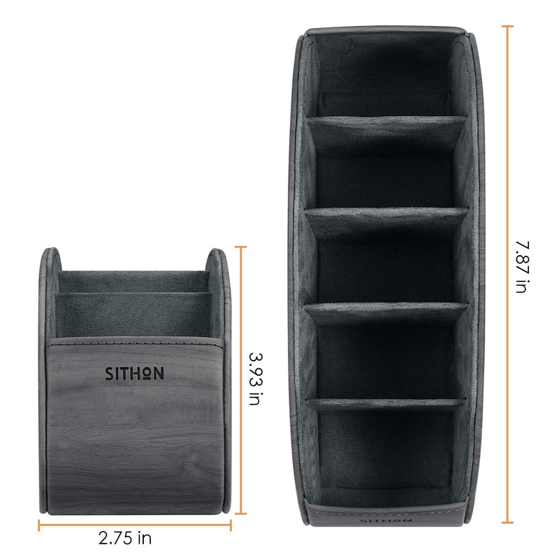 SITHON Remote Control Holder with 5 Compartments - PU Leather Remote Caddy Desktop Organizer Store TV, DVD, Blu-Ray, Media Player, Heater Controllers, Woodgrain Gray - Image 3