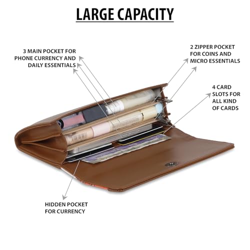 DOSYSO Wallet for Women Girls Stylish Latest Printed Faux Leather with Phone Space Coin Compartment Mobile Storage 4 Card Slots Holder Cash Zip Pockets Hand Clutch for Daily Use Ladies Long Purse (Brown) - Image 3