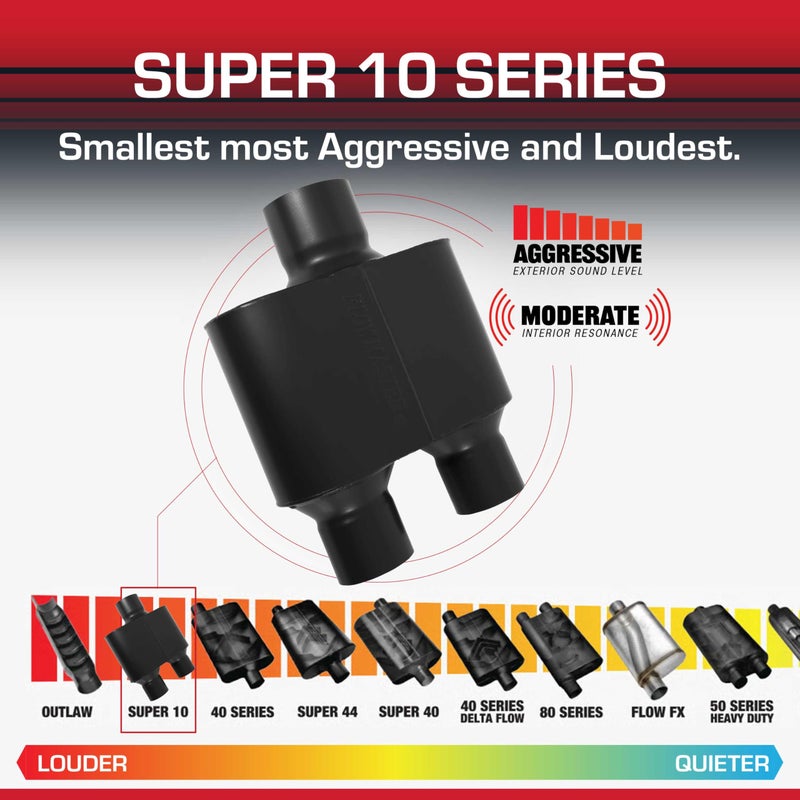 Flowmaster Super 10 Series Chambered Muffler â€“ 3.00" Center In / 2.50" Dual Out â€“ Race-Inspired Sound â€“ 409 Stainless Steel â€“ Ideal for Muscle Cars, LS Swaps, Drag Cars & Off-Road Builds (8430152) - Image 3