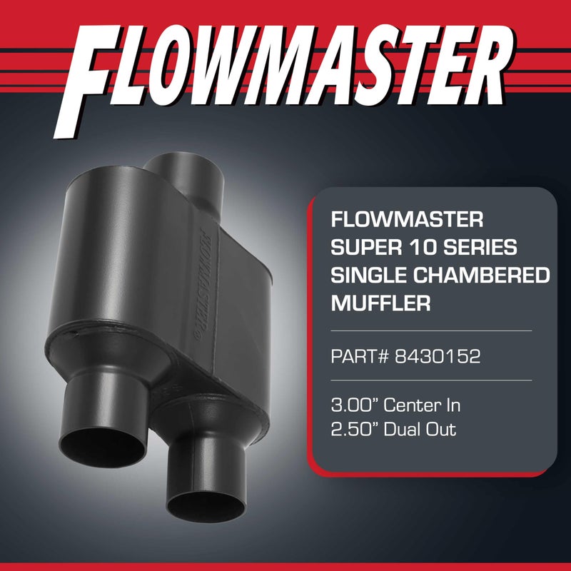 Flowmaster Super 10 Series Chambered Muffler â€“ 3.00" Center In / 2.50" Dual Out â€“ Race-Inspired Sound â€“ 409 Stainless Steel â€“ Ideal for Muscle Cars, LS Swaps, Drag Cars & Off-Road Builds (8430152) - Image 2