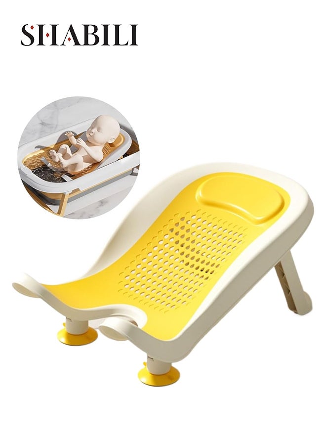 شبيلي مقعد استحمام للحوض للأطفال من البلاستيك مع تصريف سريع، دعم سيليكون ناعم غير قابل للانزلاق بثلاث نقاط تثبيت بقاعدة شفط قابلة للطي، كرسي حمام للرضع والأطفال الصغار في الحمام أو غرفة الدش (YELLOW) - Image 1