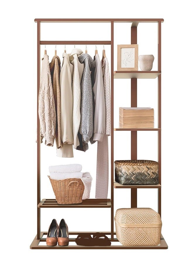 Bamboo Clothes Rack Stand Cloth Hanger Wood Clothing Hanging Rail Standing Garment Rack with 1 Hanging Rod 3 Tier Side Storage Shelves and 2 Tier Bottom Shelves for bedroom Office Home - Image 1