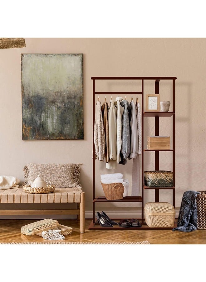 Bamboo Clothes Rack Stand Cloth Hanger Wood Clothing Hanging Rail Standing Garment Rack with 1 Hanging Rod 3 Tier Side Storage Shelves and 2 Tier Bottom Shelves for bedroom Office Home - Image 2