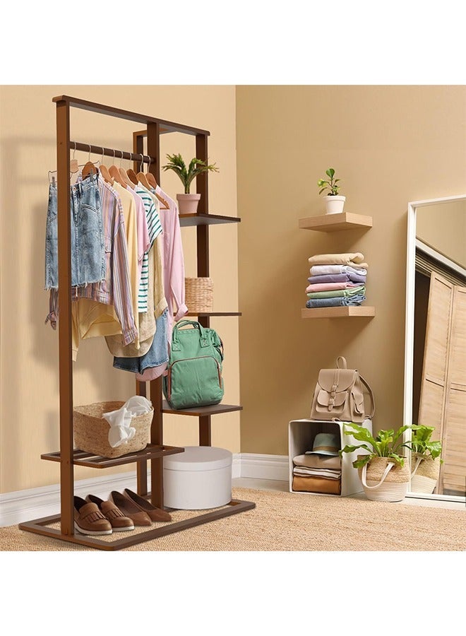 Bamboo Clothes Rack Stand Cloth Hanger Wood Clothing Hanging Rail Standing Garment Rack with 1 Hanging Rod 3 Tier Side Storage Shelves and 2 Tier Bottom Shelves for bedroom Office Home - Image 3