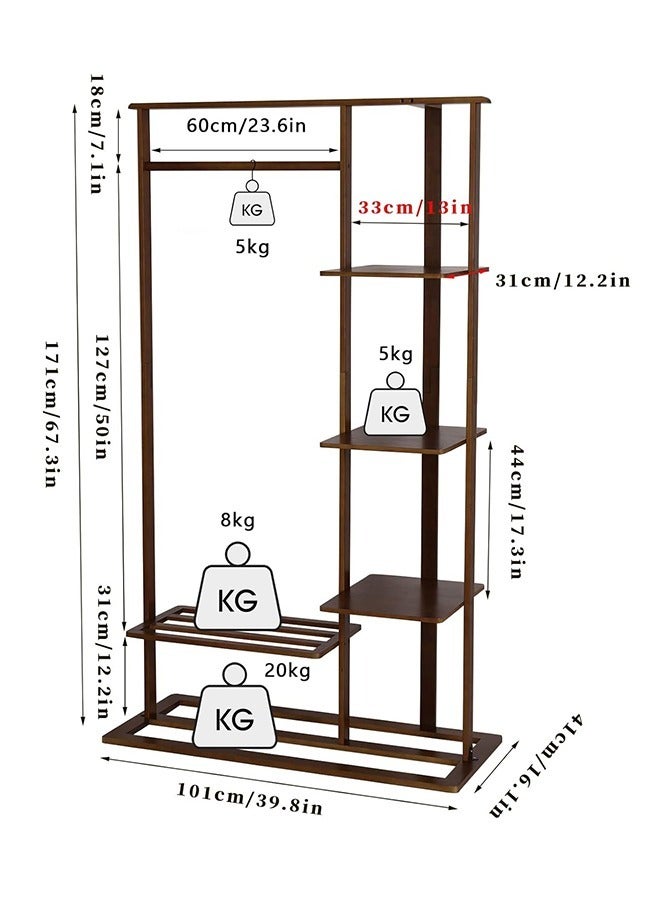 Bamboo Clothes Rack Stand Cloth Hanger Wood Clothing Hanging Rail Standing Garment Rack with 1 Hanging Rod 3 Tier Side Storage Shelves and 2 Tier Bottom Shelves for bedroom Office Home - Image 5