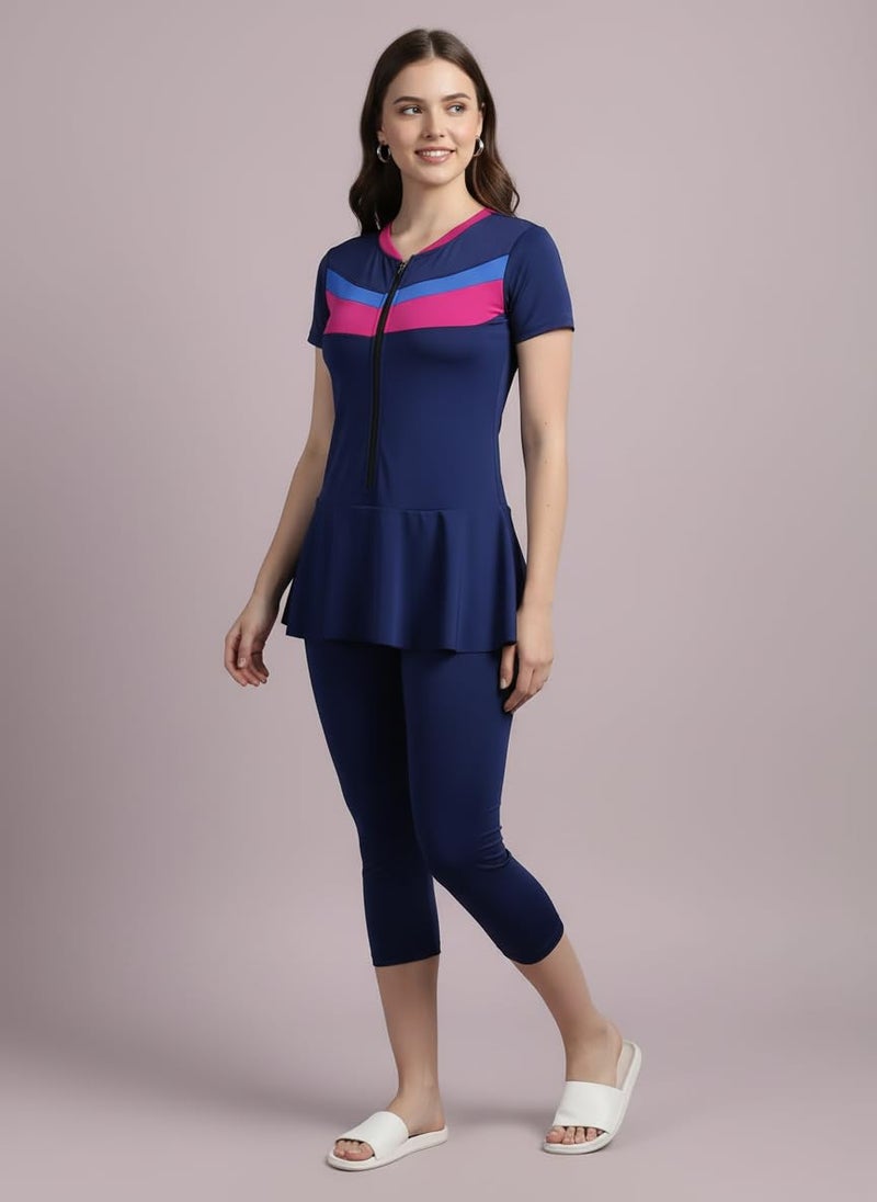 N-Gal Women Front Zip Frock Style Knee Length Padded One Piece Swimming Costume |Swimsuit Set for Women|NavyBlue|M - Image 2