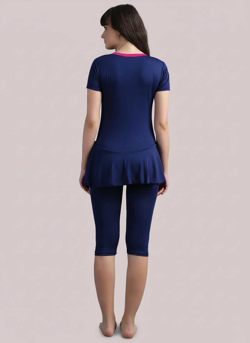 N-Gal Women Front Zip Frock Style Knee Length Padded One Piece Swimming Costume |Swimsuit Set for Women|NavyBlue|M - Image 4